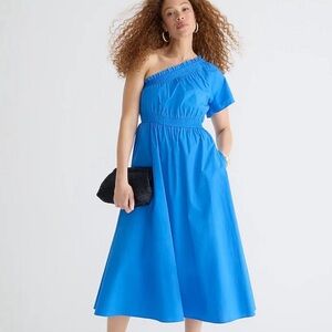 J. Crew Smocked One Shoulder Cotton Poplin Sail Blue Midi Dress